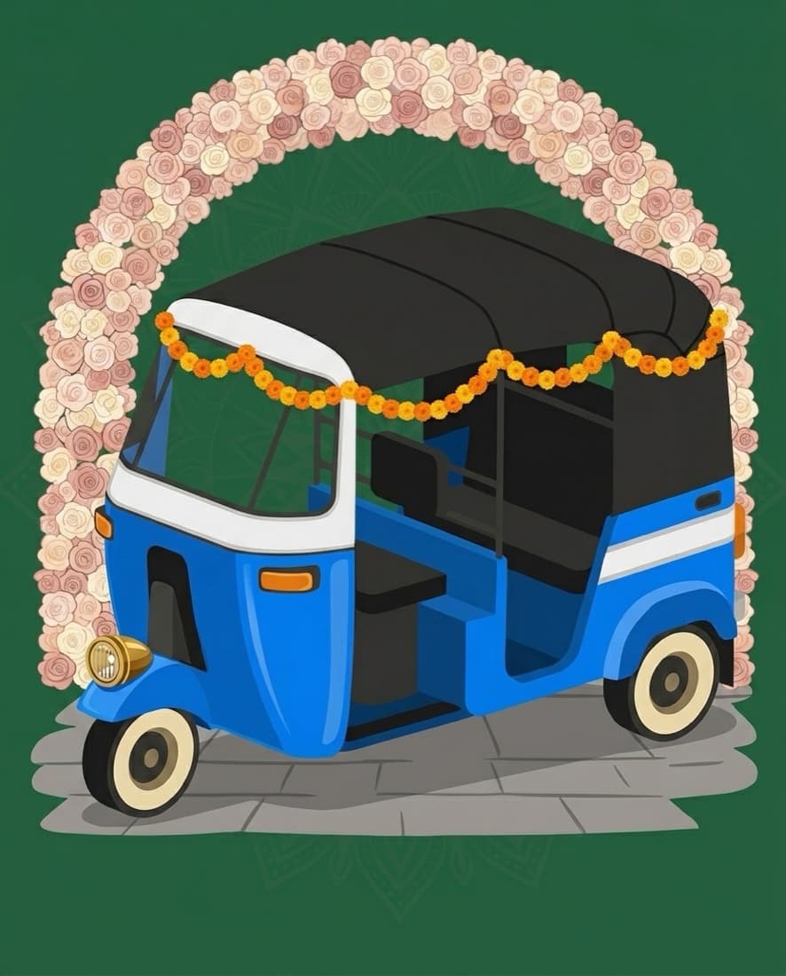 Illustration of the blue and white electric rickshaw parked under a pastel floral arch, dressed for a sangeet or mehndi