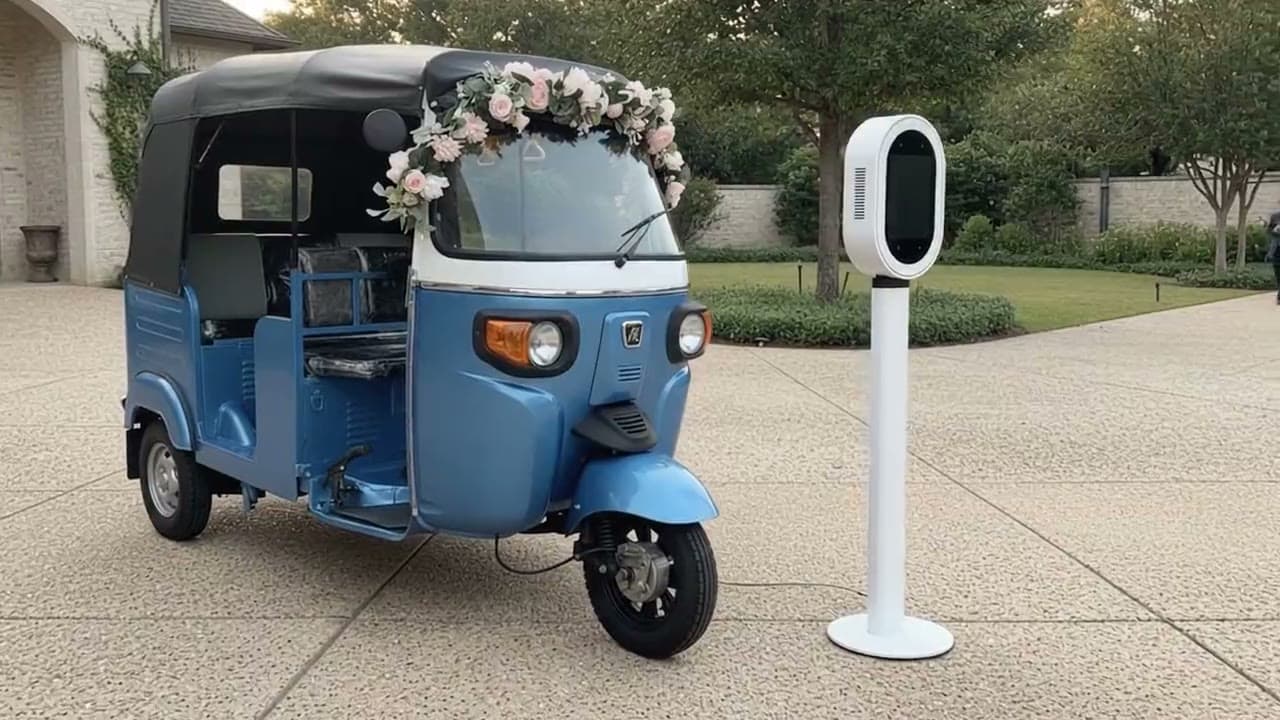 White oval photo booth beside the blue and white electric rickshaw at a courtyard entrance