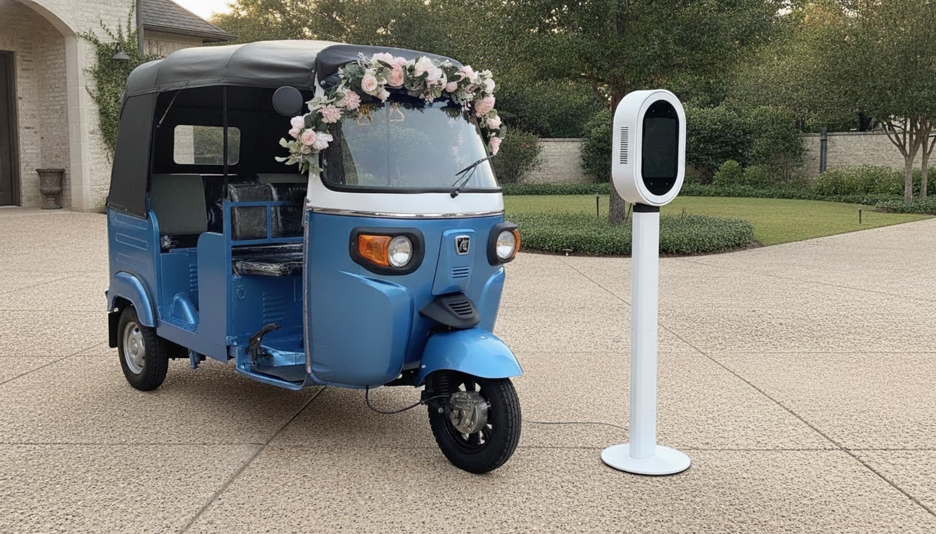 White oval photo booth beside the blue and white electric rickshaw in a limestone courtyard
