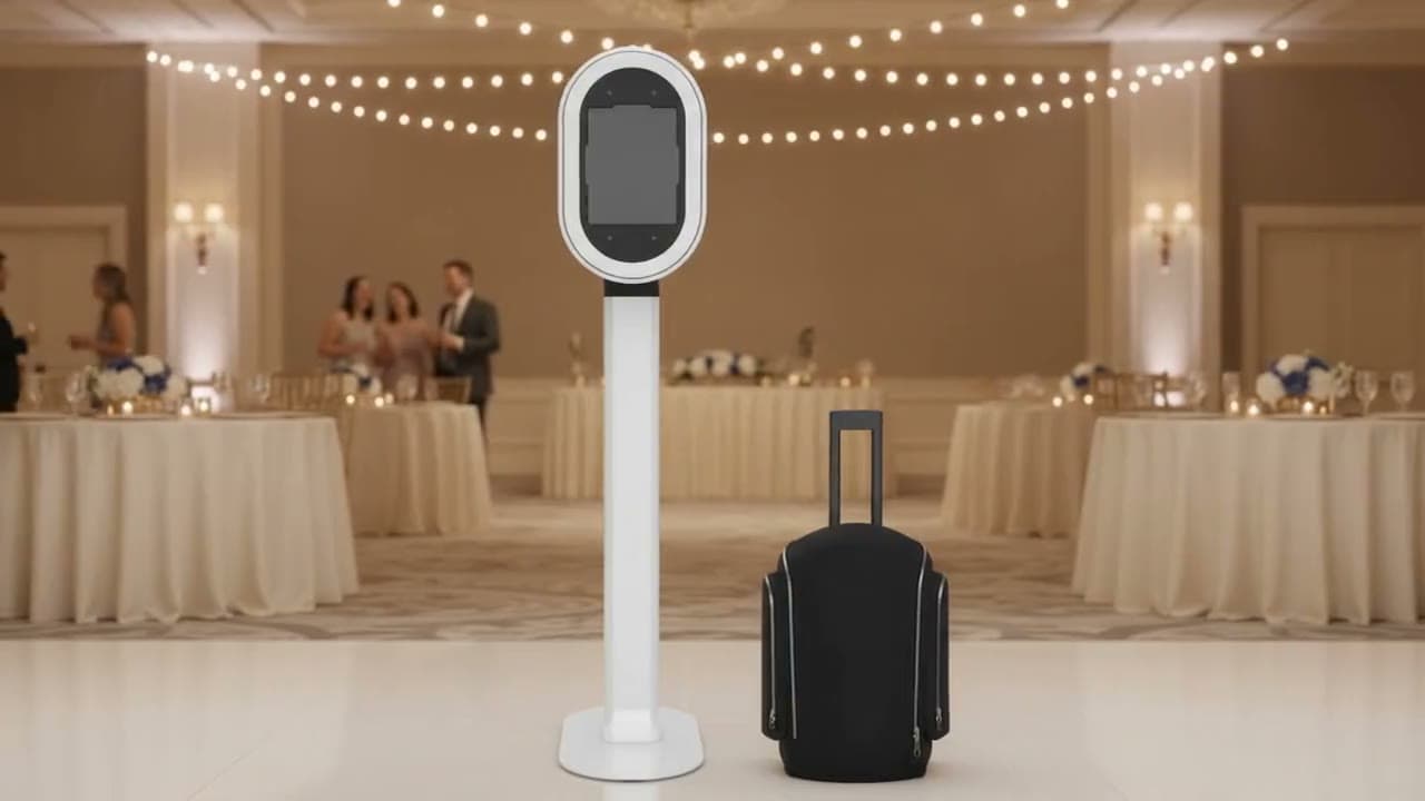 A white oval open-air photo booth on a slim stand beside its black rolling carry case in a ballroom with string lights and set tables.