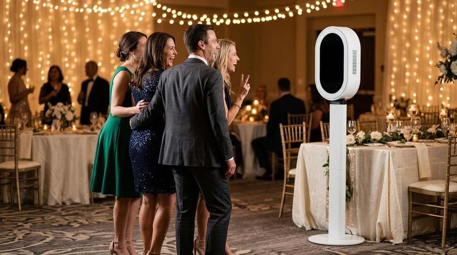Three guests laughing and posing together next to an open-air oval photo booth at an evening ballroom reception.