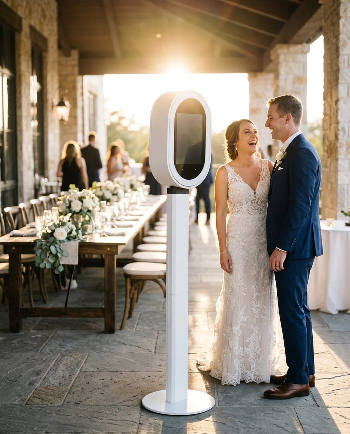 A bride and groom laughing beside the photo booth on a stone terrace at golden hour.