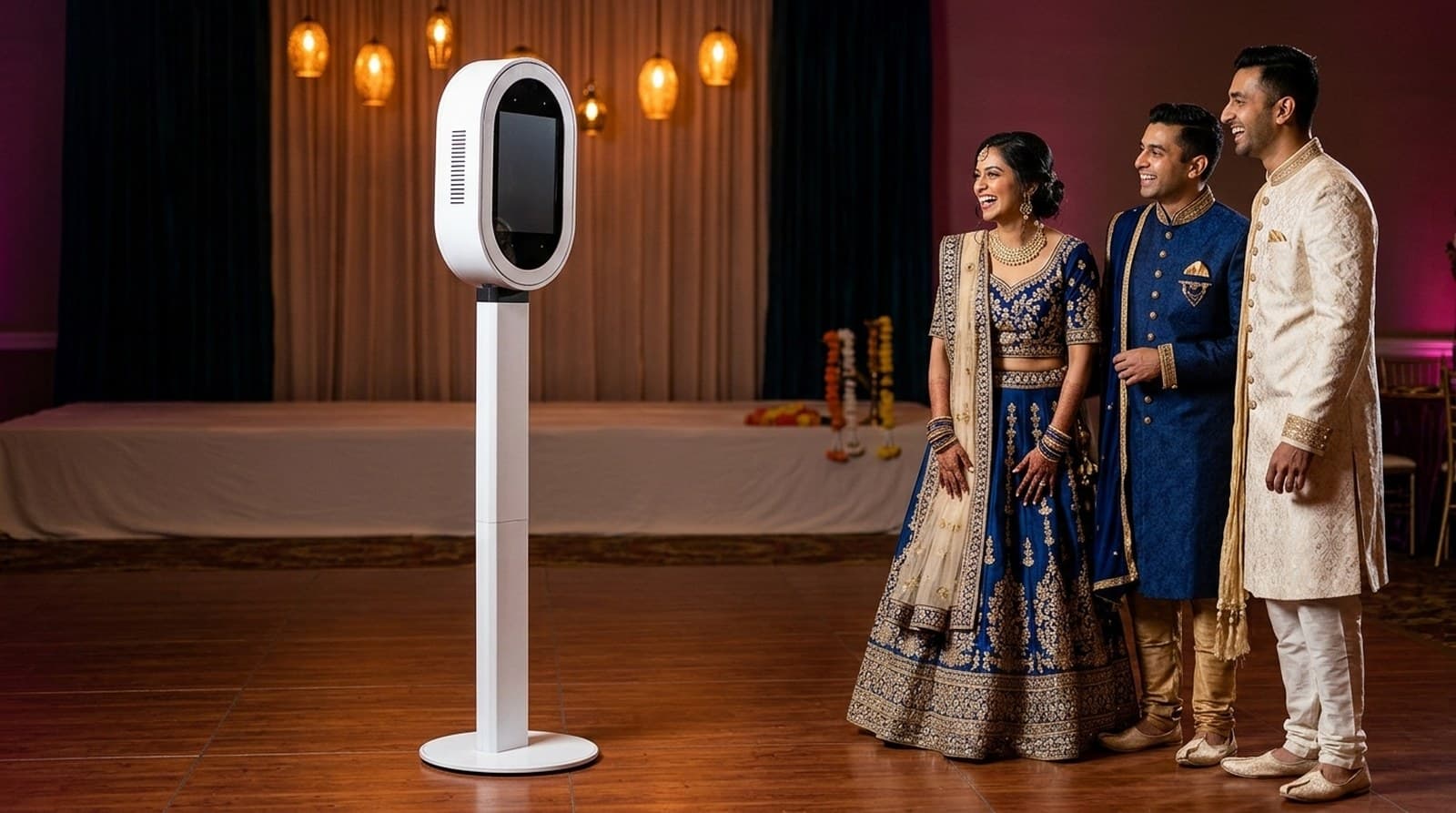 Three guests in festive South Asian wedding outfits posing beside the photo booth at a sangeet.