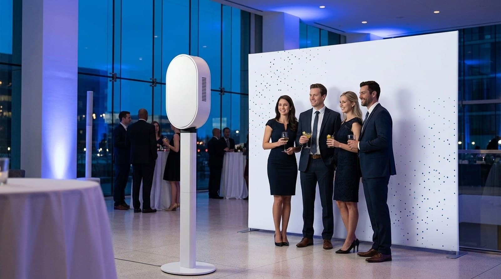 Four colleagues in business attire posing in front of the photo booth at an evening corporate event.