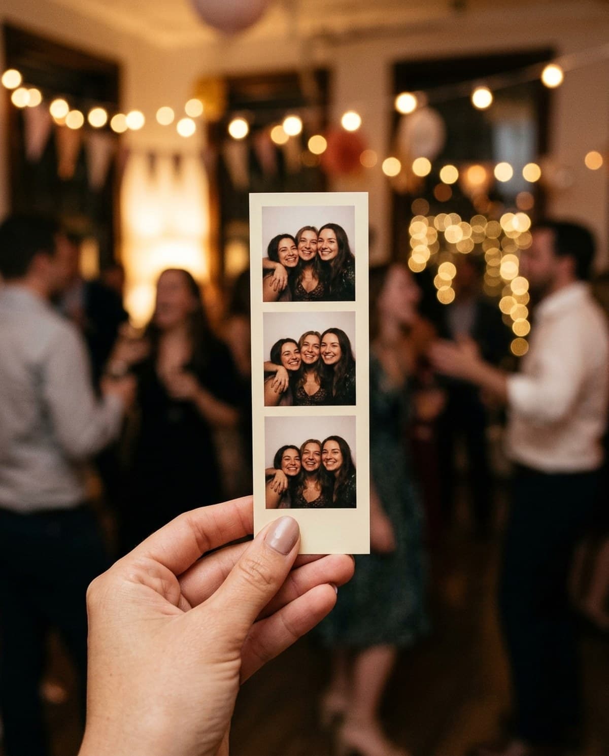 A hand holding a printed 2x6 photo strip of 3 smiling friends at a party.