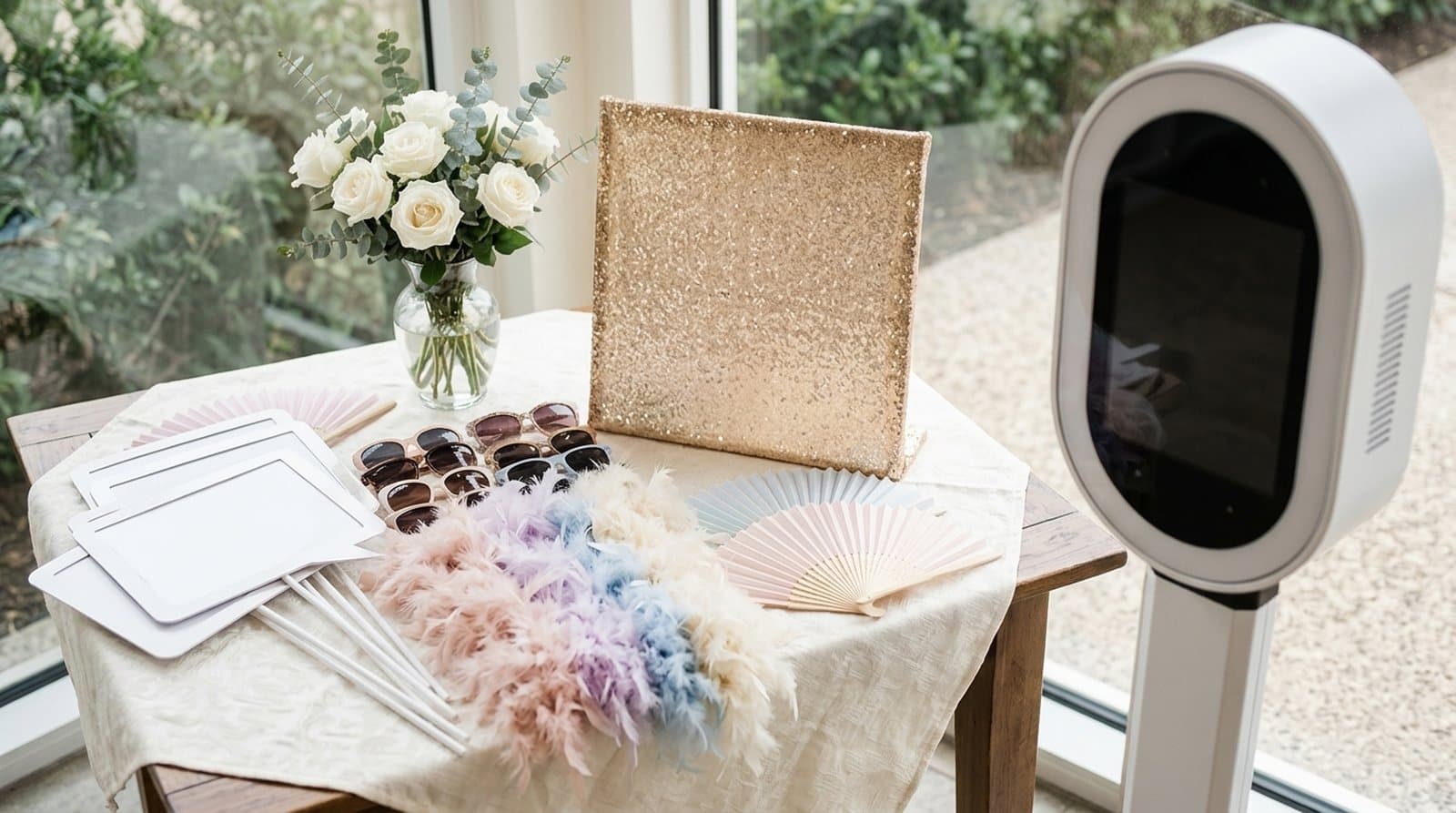 A props table with sunglasses, feather boas and paper fans beside a gold sparkle backdrop and the photo booth.
