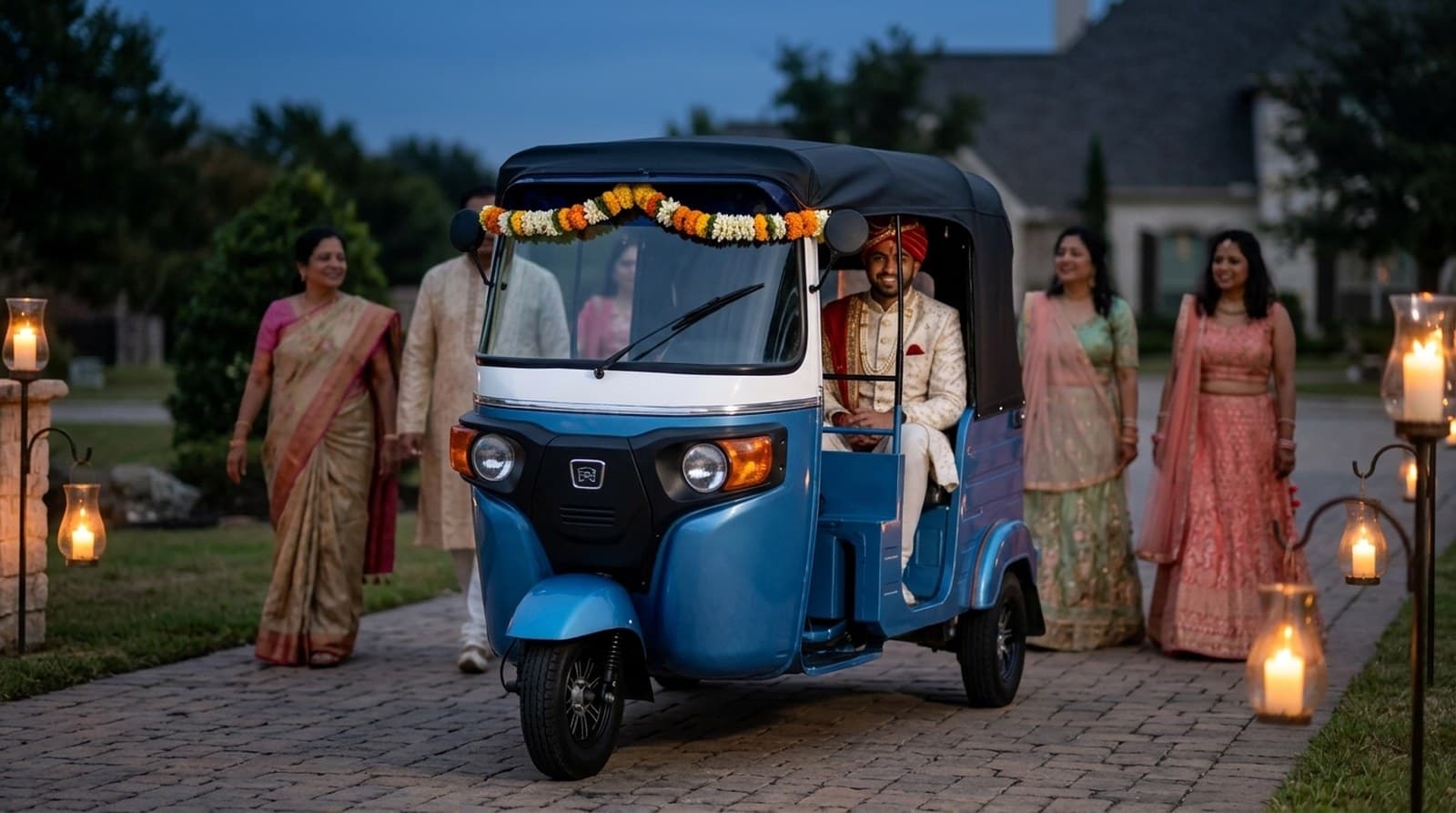 A groom riding in the decorated rickshaw up a lantern-lit drive as family walks alongside and applauds.