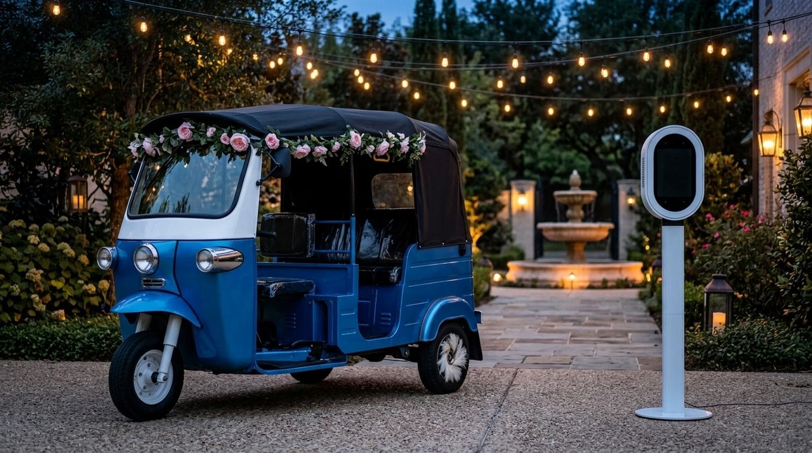 The decorated rickshaw and the oval photo booth side by side in an estate courtyard at blue hour.