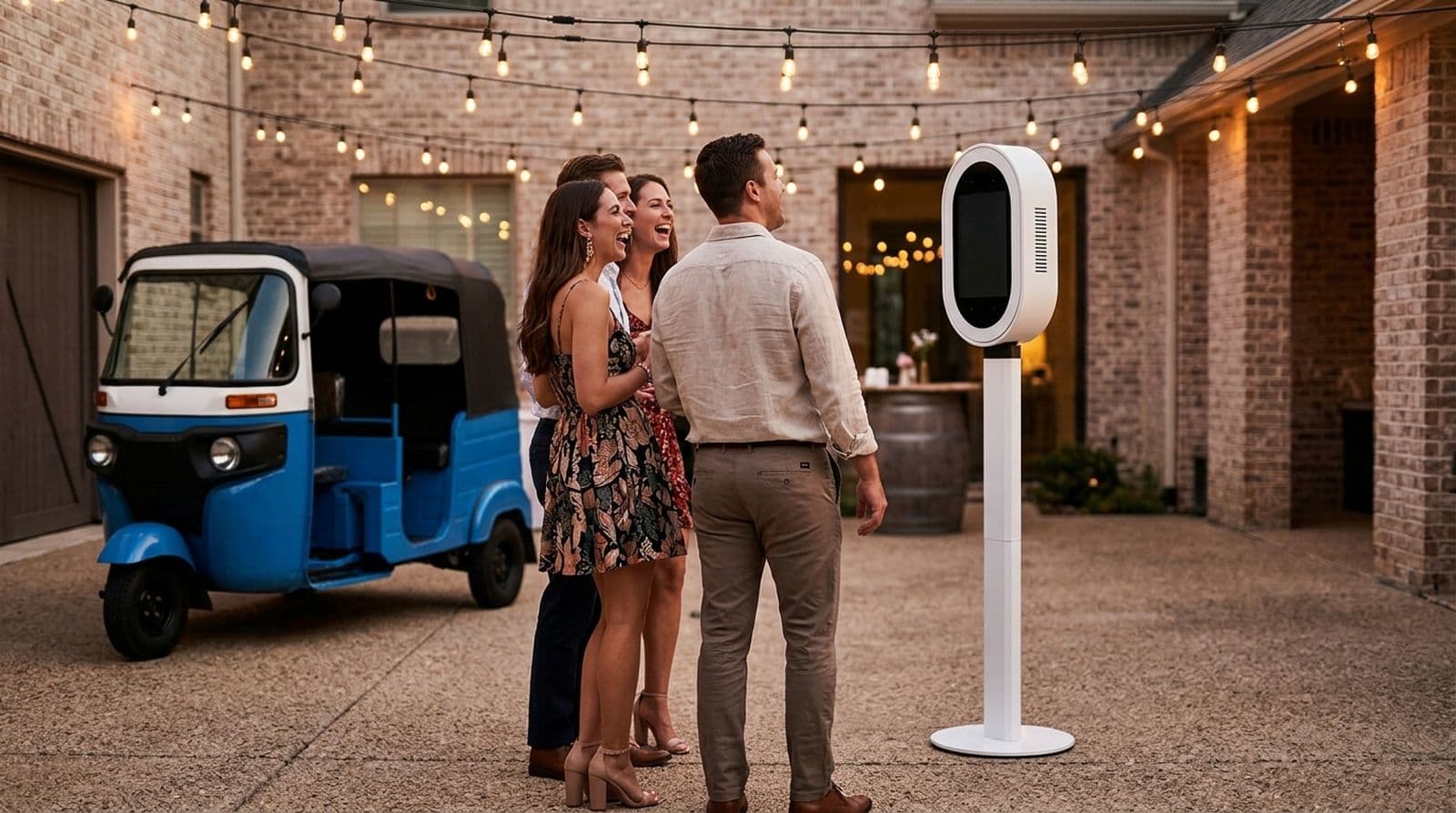 Guests laughing in front of the photo booth with the rickshaw parked behind them in a courtyard.