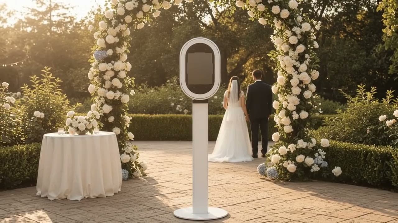 A white oval open-air photo booth on a slim stand in a rose-arch garden at golden hour, with a bride and groom walking away behind it.
