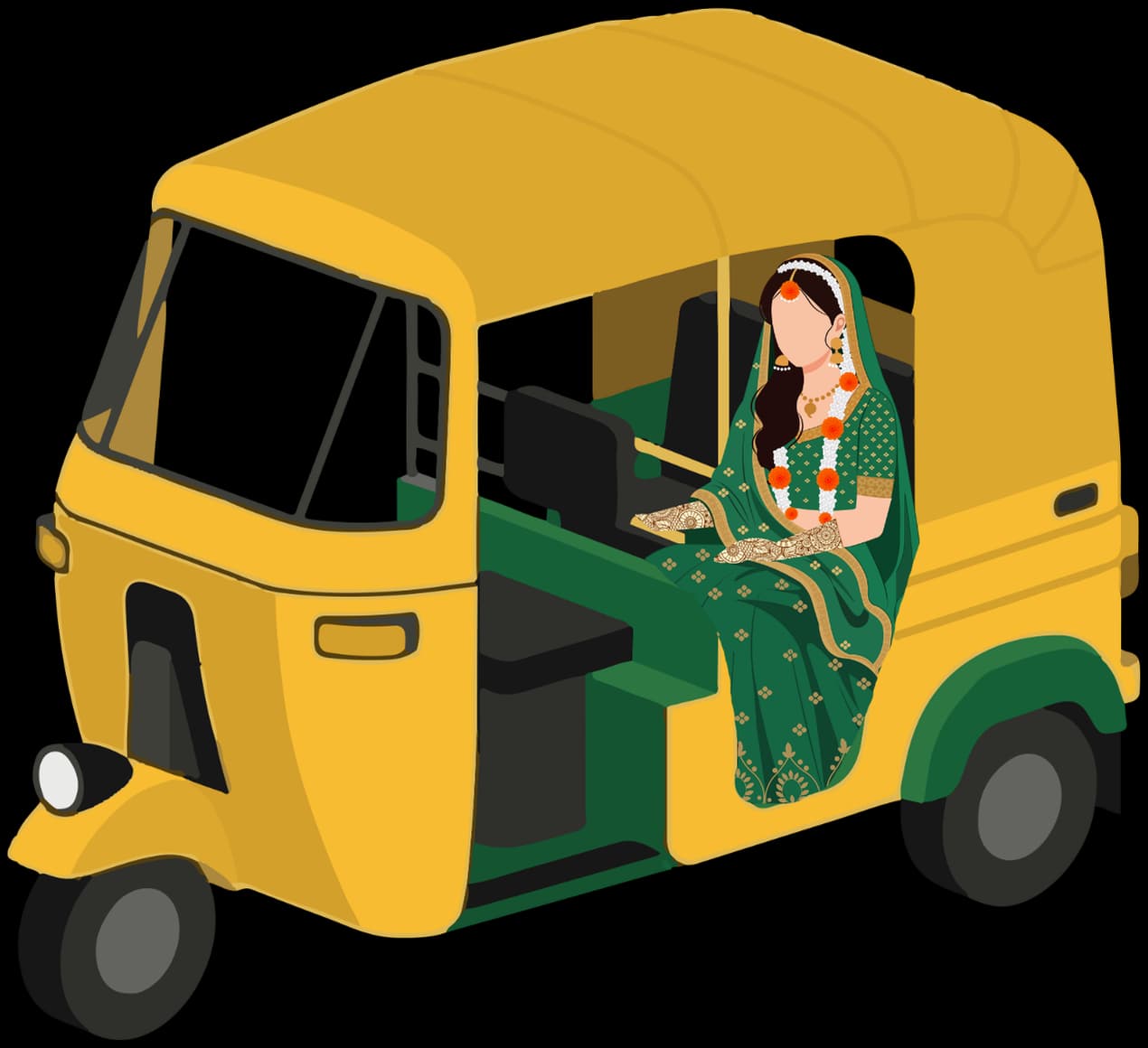A bride seated in a beautifully decorated yellow rickshaw