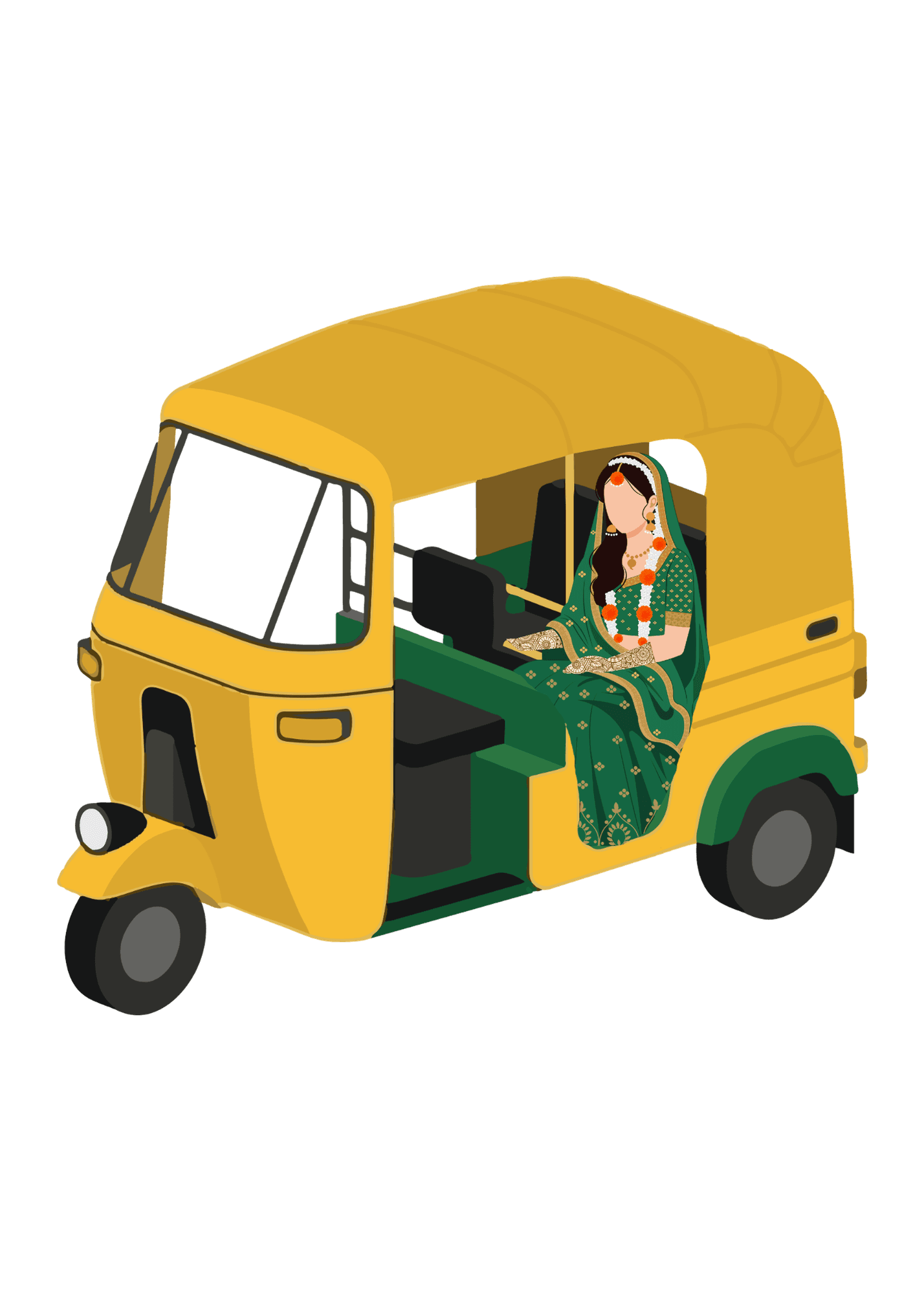 A bride seated in a beautifully decorated yellow rickshaw