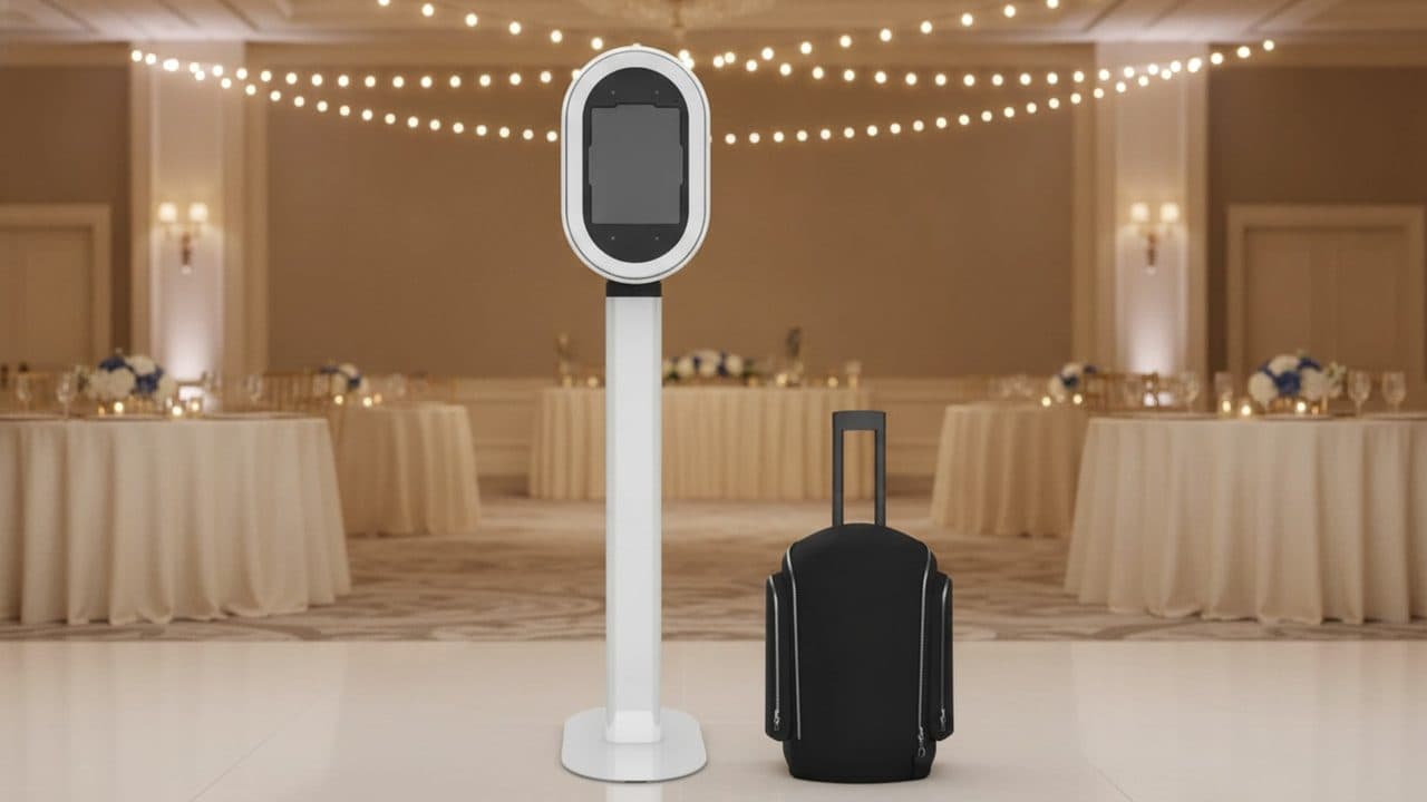White oval photo booth on a slim stand beside its black rolling carry case in a ballroom