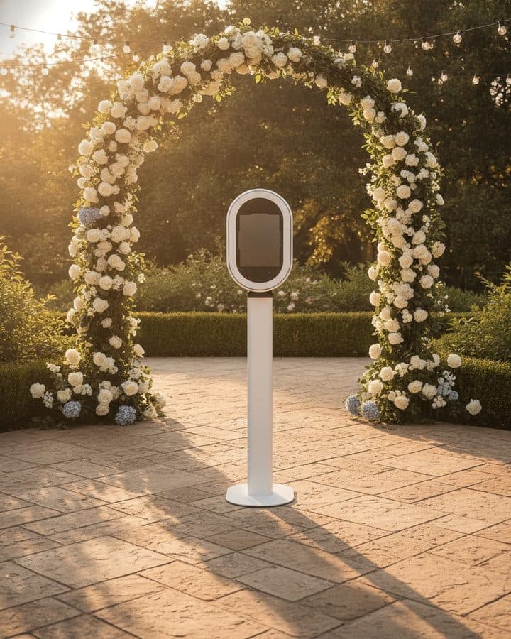 White oval photo booth on a slim stand beneath a floral arch at golden hour