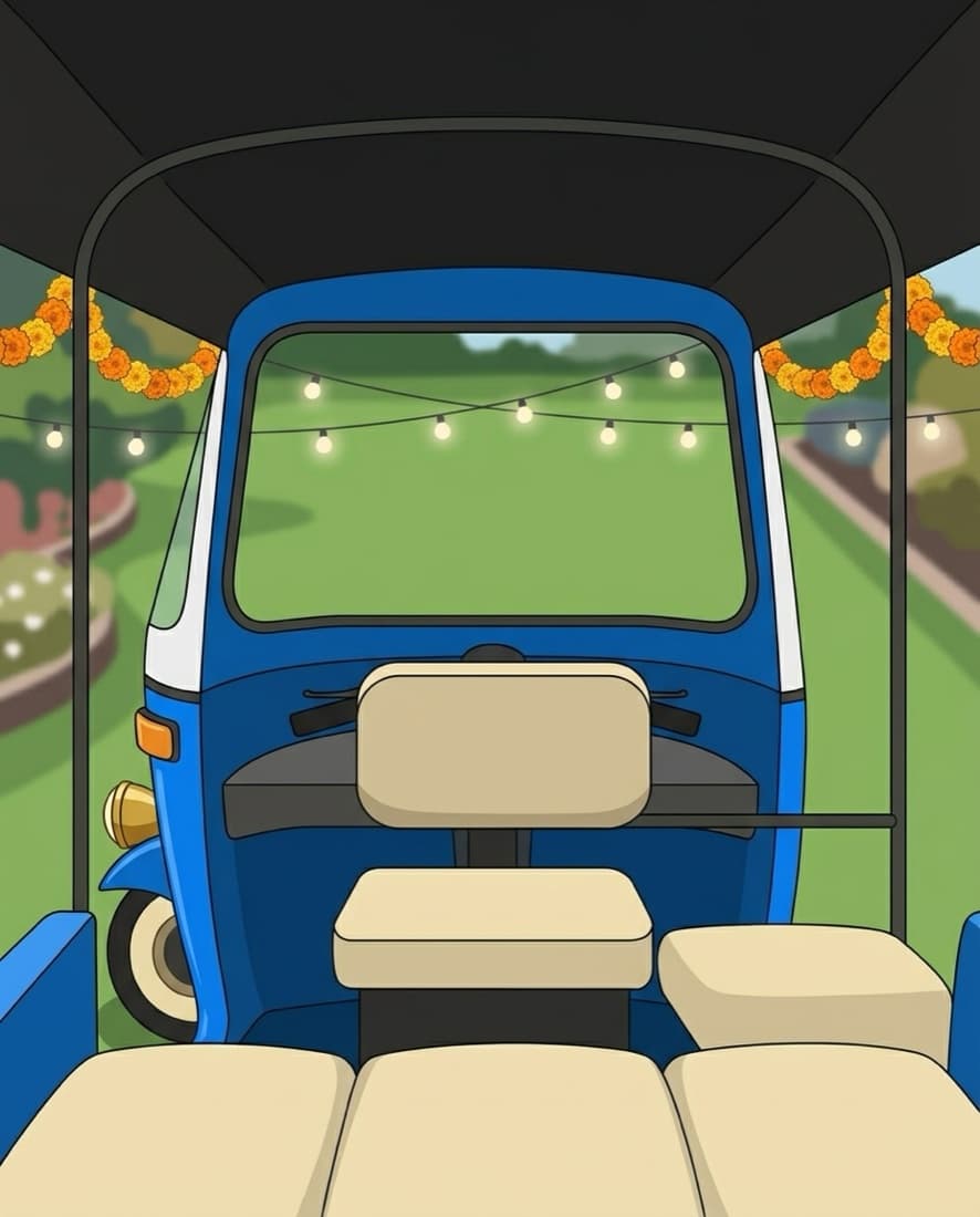 Illustration of the view from the bench seat inside the blue and white electric rickshaw, looking out past the canopy