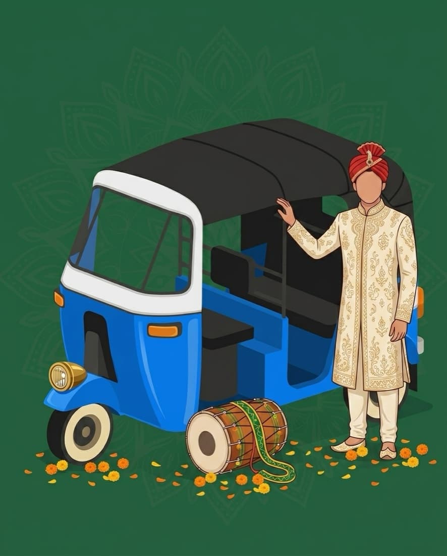 Illustration of a groom seated in the blue and white electric rickshaw with a dhol player and the baraat procession alongside