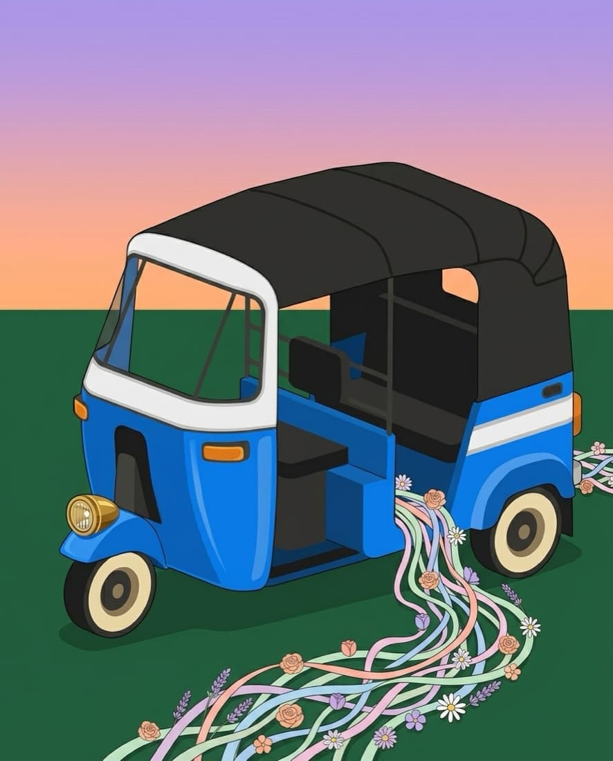 Illustration of the blue and white rickshaw dressed in flowers and lights at dusk, the way it is set up for a festival evening
