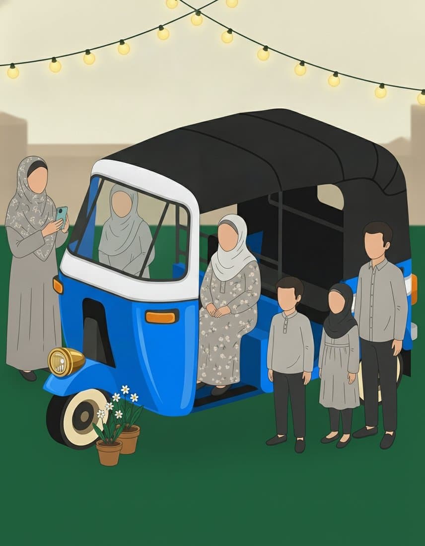 Illustration of families gathered around the parked blue and white electric rickshaw at an outdoor community event, one person photographing it on a phone and string lights overhead