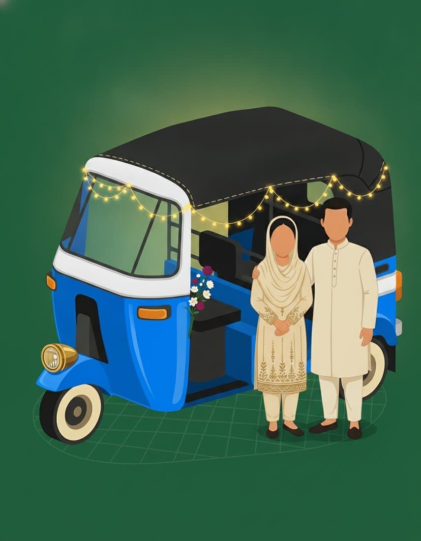 Illustration of a couple in ivory embroidered clothes standing beside the blue and white electric rickshaw at a walima, string lights along the canopy