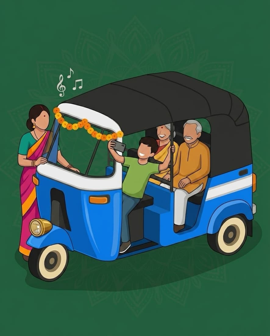 Illustration of guests posing in and around the blue and white rickshaw as a photo piece at an evening event