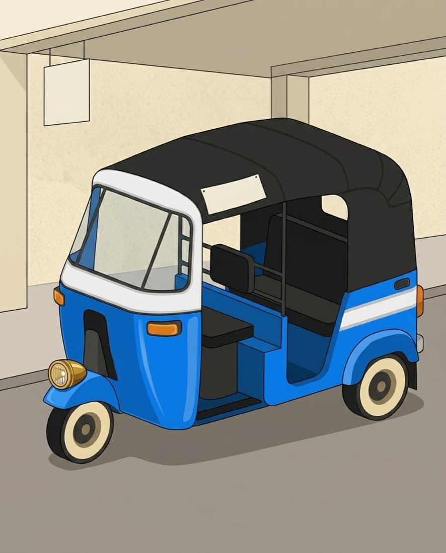 Illustration of the blue and white electric rickshaw undecorated, showing what the base package includes before any florals are added