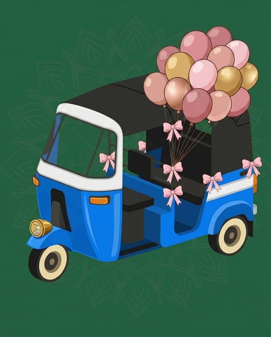 Ilustración de una quinceañera llegando en el rickshaw azul con blanco decorado con flores rosas y doradas