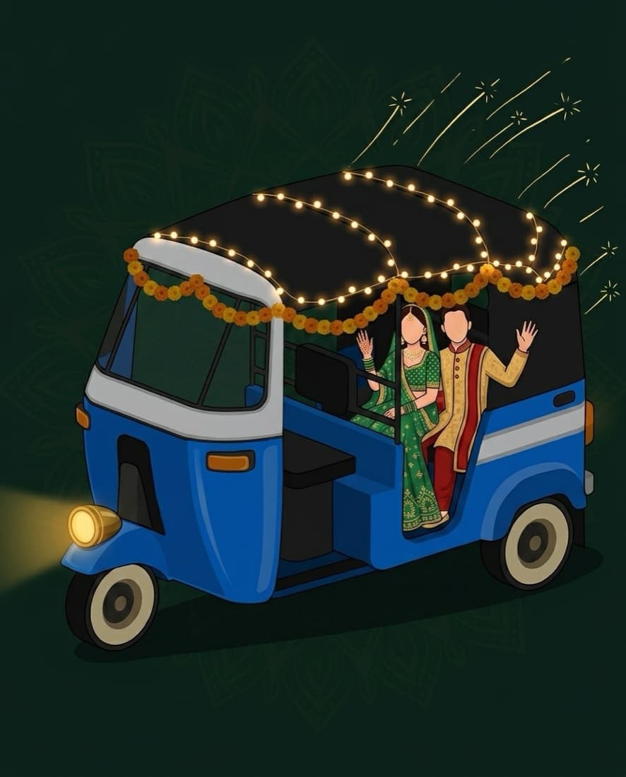 Illustration of a couple leaving their wedding in the blue and white electric rickshaw at night with the lights on