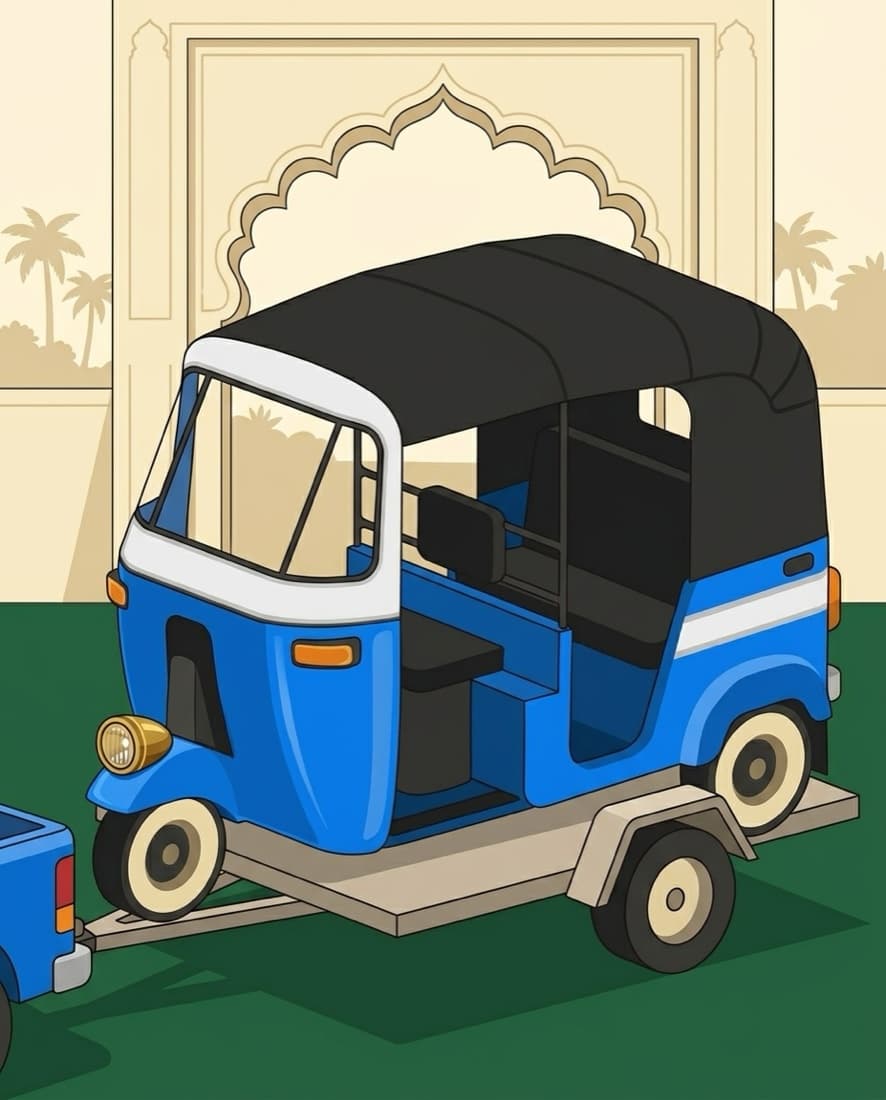 Illustration of the blue and white electric rickshaw strapped to its delivery trailer, the way it arrives at a venue