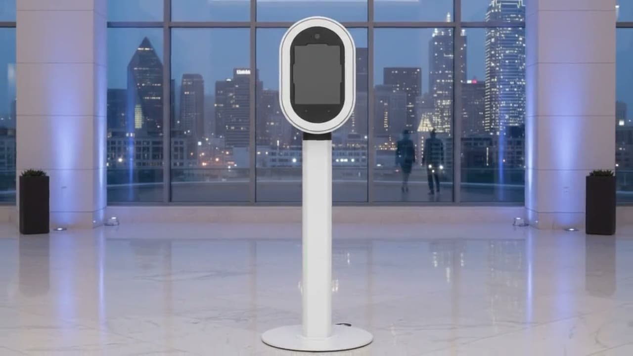 A white oval open-air photo booth on a slim stand in a marble lobby with the Dallas skyline at dusk behind tall glass windows.